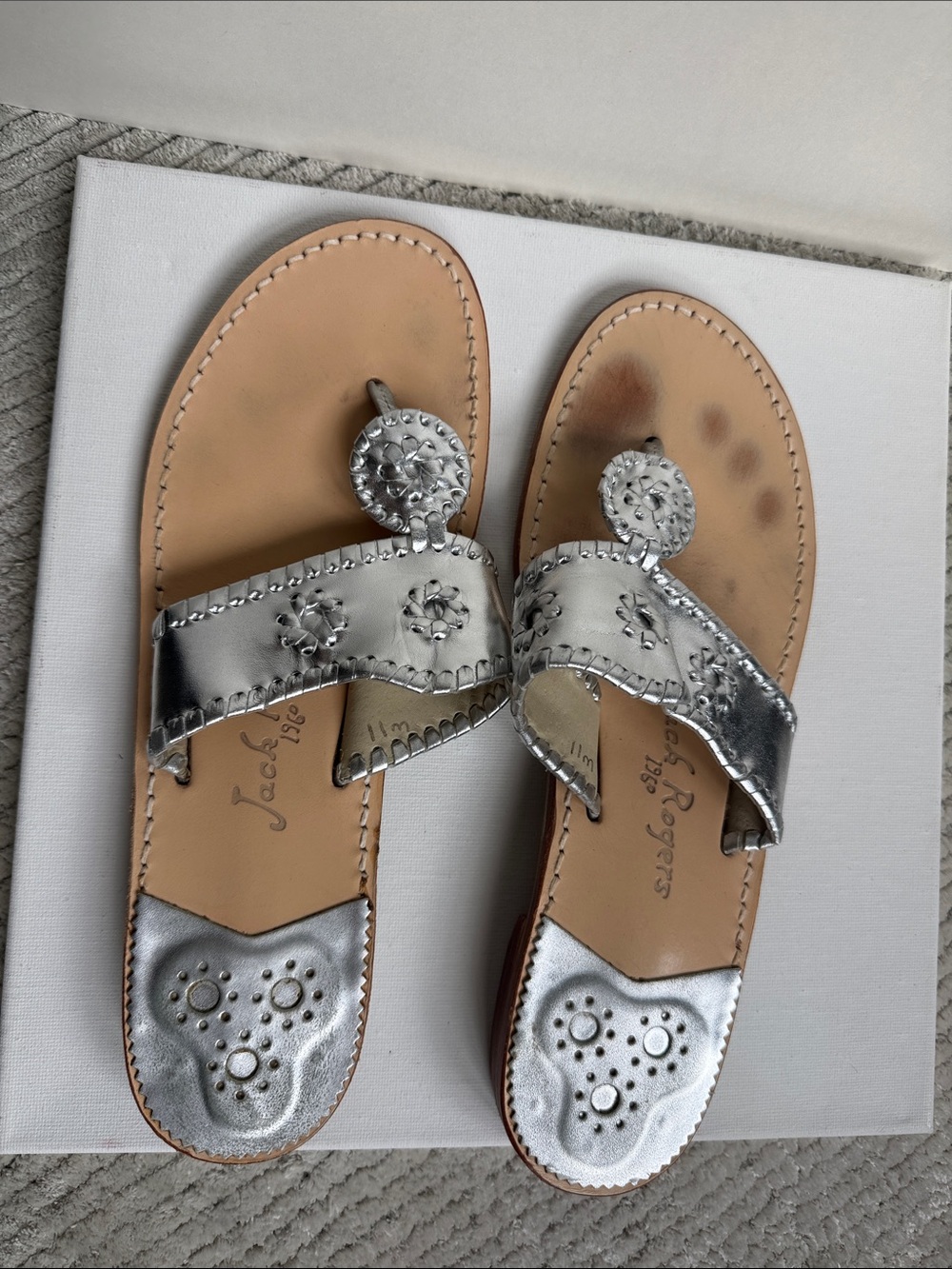 Jack Rogers Metallic Silver Navajo Toe-Ring Slide Sandals